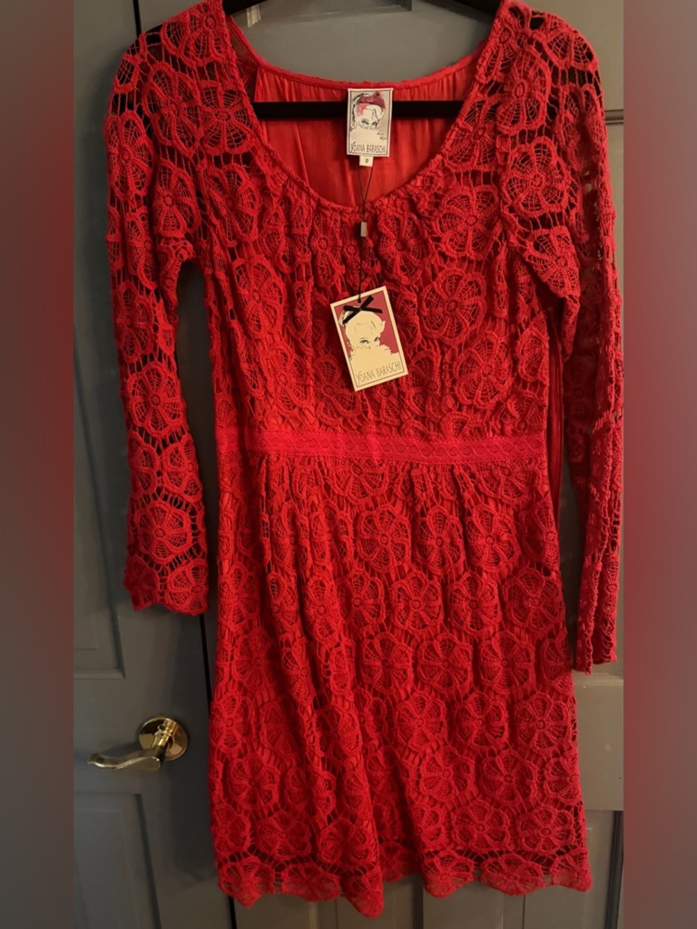 Yoana Baraschi Red Lace Long Sleeve Dress Size 8 BNWT